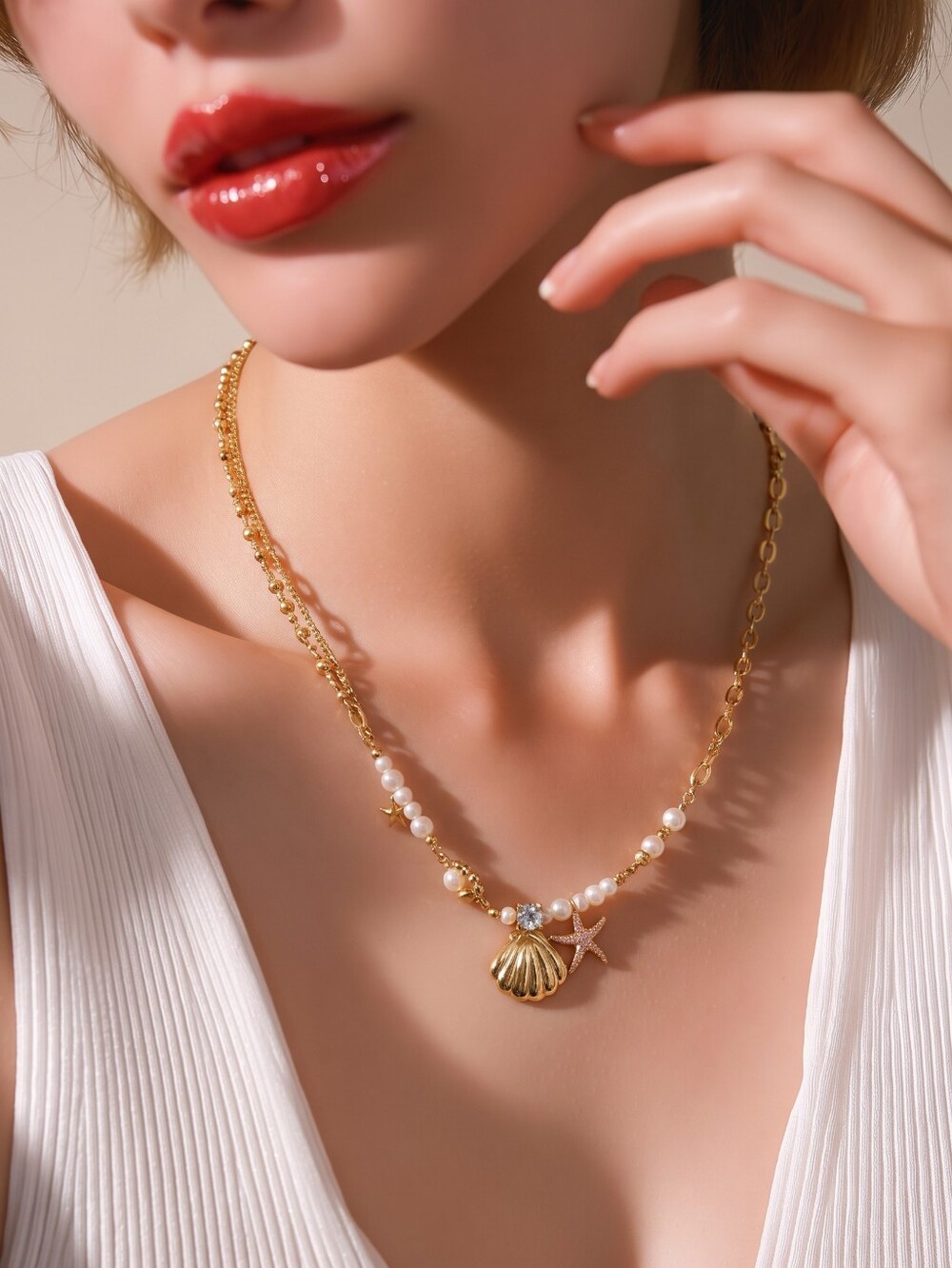 Mayamar 24k Gold-plated Shells and Pearls Necklace & Gift Bag